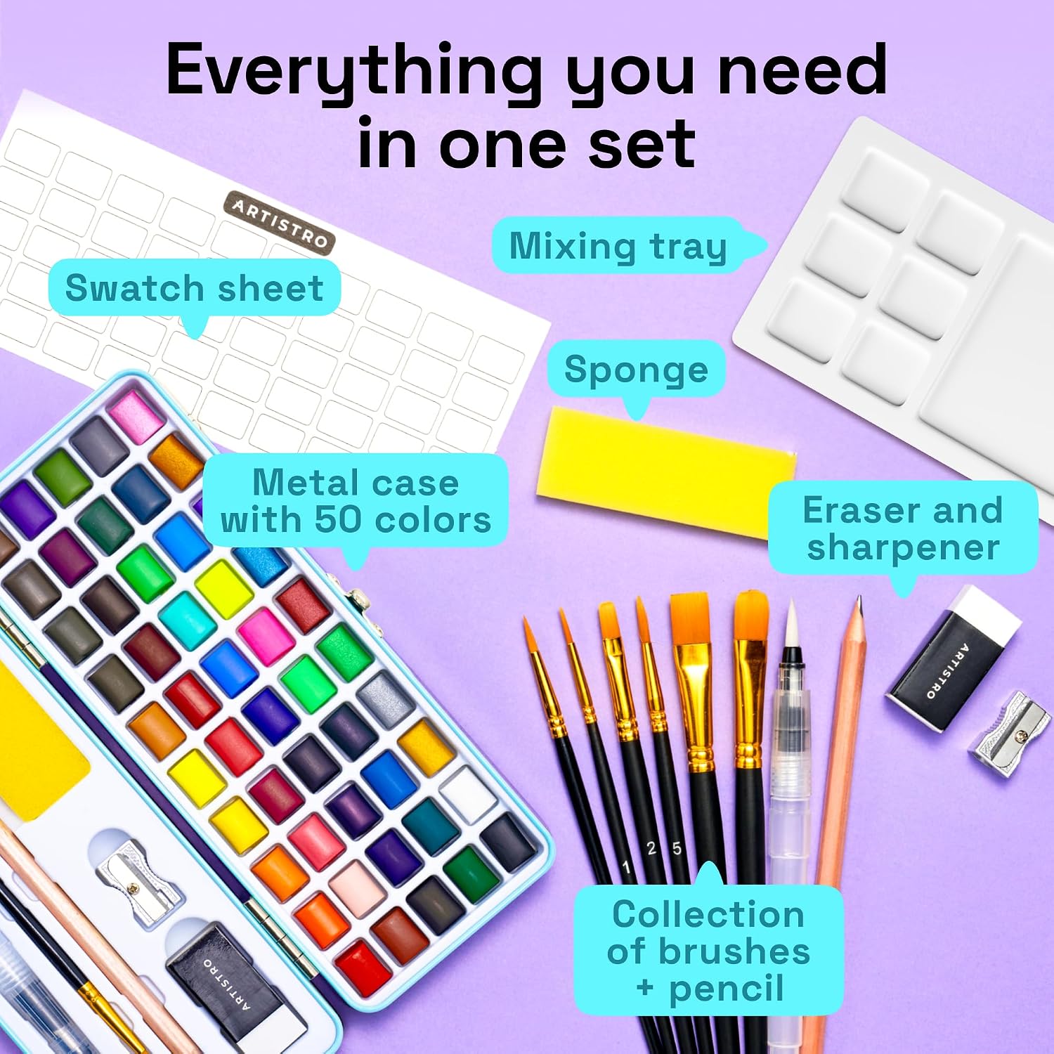 ARTISTRO Vivid Color Watercolor Paint Set - Portable Paint Art Kit with Palette and Brush Pens - Travel Water Color Set for Adults. Professionals. Kids - Art and Painting Supplies - Gift Idea | Portable Paint Art Kit. Travel Water Color Set. For Adults. Professionals. & Kids. Art & Painting Supplies. Gift Idea - Image 2