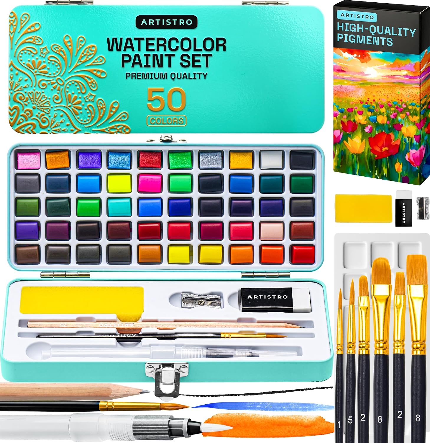 ARTISTRO Vivid Color Watercolor Paint Set - Portable Paint Art Kit with Palette and Brush Pens - Travel Water Color Set for Adults. Professionals. Kids - Art and Painting Supplies - Gift Idea | Portable Paint Art Kit. Travel Water Color Set. For Adults. Professionals. & Kids. Art & Painting Supplies. Gift Idea