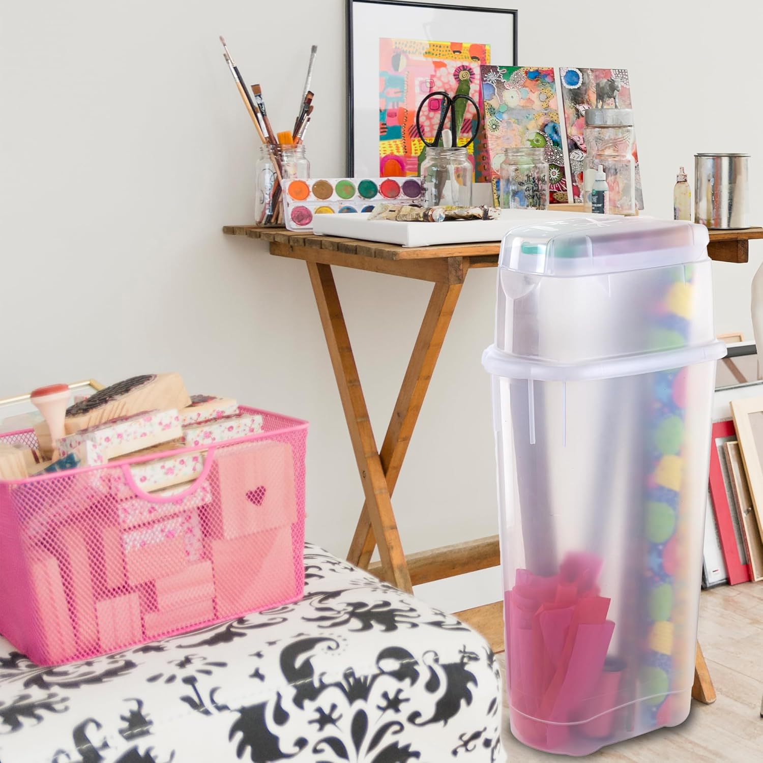 Rubbermaid Wrap N' Craft Plastic Wrapping Paper Organizer Storage Container with Top Ornament Storage Compartment for 20 Standard 30 Inch Rolls. Clear - Image 6