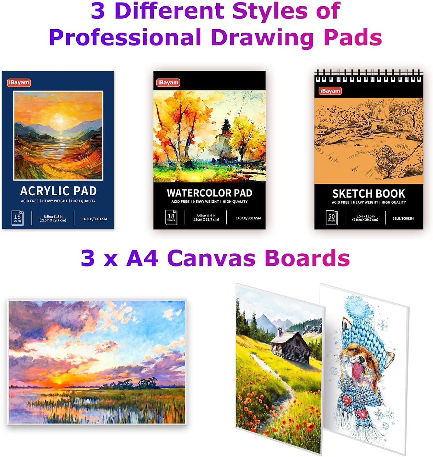 iBayam Art Supplies. 195-Pack Deluxe Drawing Painting Kit. 3 Sketchbook Set | 3 Canvases. Acrylic Paints. Watercolor. Colored Pencils. Crayons. Pastels. All in Wooden Case for Kids Teens Adults Artist - Image 5